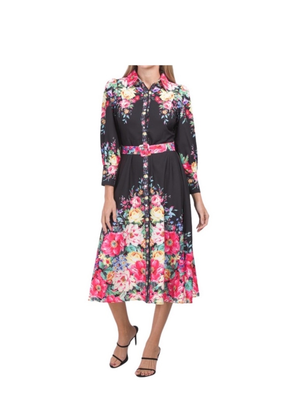 Floral Button-Front Midi Shirt Dress in Black with Pink Accents